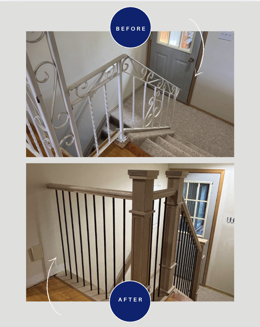 Comparison of staircase banister before and after renovation: the 'before' image shows a white metal railing with decorative scrollwork, while the 'after' image displays a wooden banister with black vertical balusters.