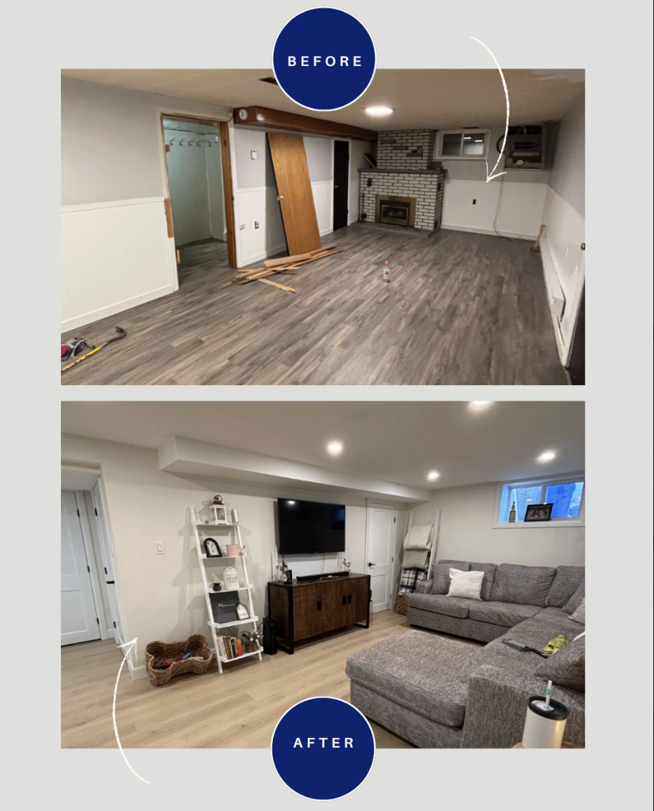 Before and after images of a living room renovation. The top image shows an empty, unfinished room with construction materials, a brick fireplace, and a door leaning against the wall. The bottom image shows the same space transformed into a decorated, cozy living room with a gray sectional sofa, a TV, and decorative shelves.