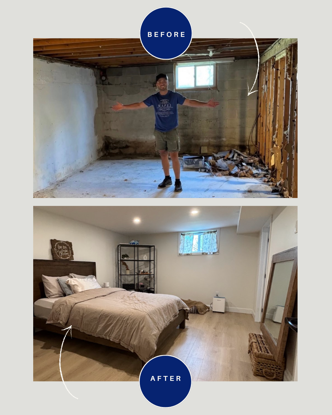 Comparison of a basement before and after renovation; top image shows an unfinished basement with exposed walls, debris, and a man with arms wide open, while bottom image shows a finished, decorated bedroom with a bed, mirror, and neat floor.