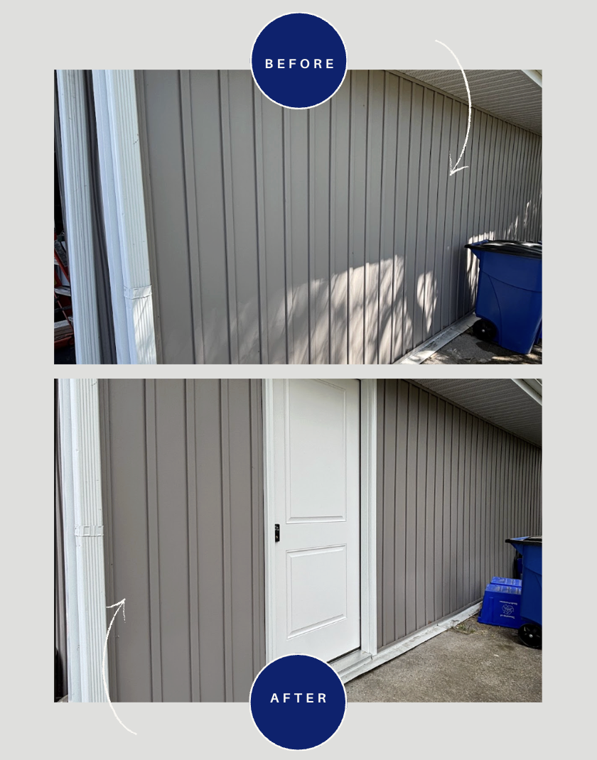 Side-by-side comparison of an exterior wall before and after installing a new white door; the wall has beige vertical siding, with a blue trash bin on the right side.