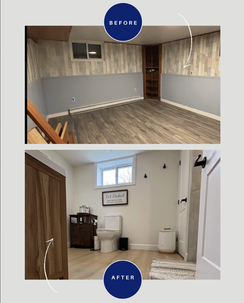 Before and after photos of a renovated basement. The top photo shows an empty room with light blue walls, wood flooring, a window, and built-in shelves. The bottom photo shows the same room now converted into a bathroom with a toilet, small furniture, a window, and decor.