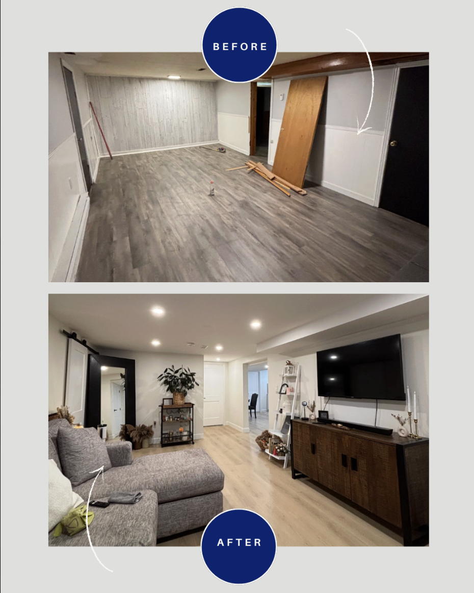 Comparison showing a renovated basement before and after. The "before" image features an empty room with gray wood-look flooring, a wood plank leaning against the wall, and construction materials. The "after" image shows the same space transformed into a cozy living room with a gray sectional sofa, a large flat-screen TV, and stylish decor, including a white ladder shelf and a large mirror.