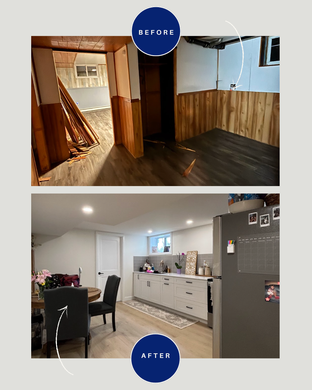 Comparison of a room before and after renovation. The 'before' image shows a room with wood-paneled walls, dark flooring, and construction materials on the floor. The 'after' image shows a bright, renovated kitchen with white cabinets, light hardwood floors, and a dining area with black chairs and a table.
