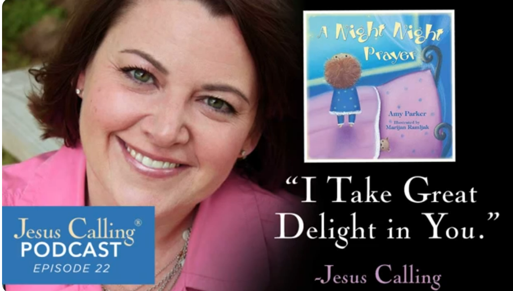 A smiling woman with short brown hair wearing a pink shirt, next to a book cover of "A Night Night Prayer" and a quote from Jesus Calling that says "I Take Great Delight in You."