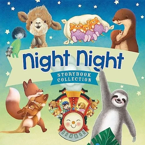 Cover of a children's storybook titled 'Night Night Storybook Collection' featuring cartoon animals including a fox, sloth, lion, otter, squirrel, zebra, and panda against a starry night sky.