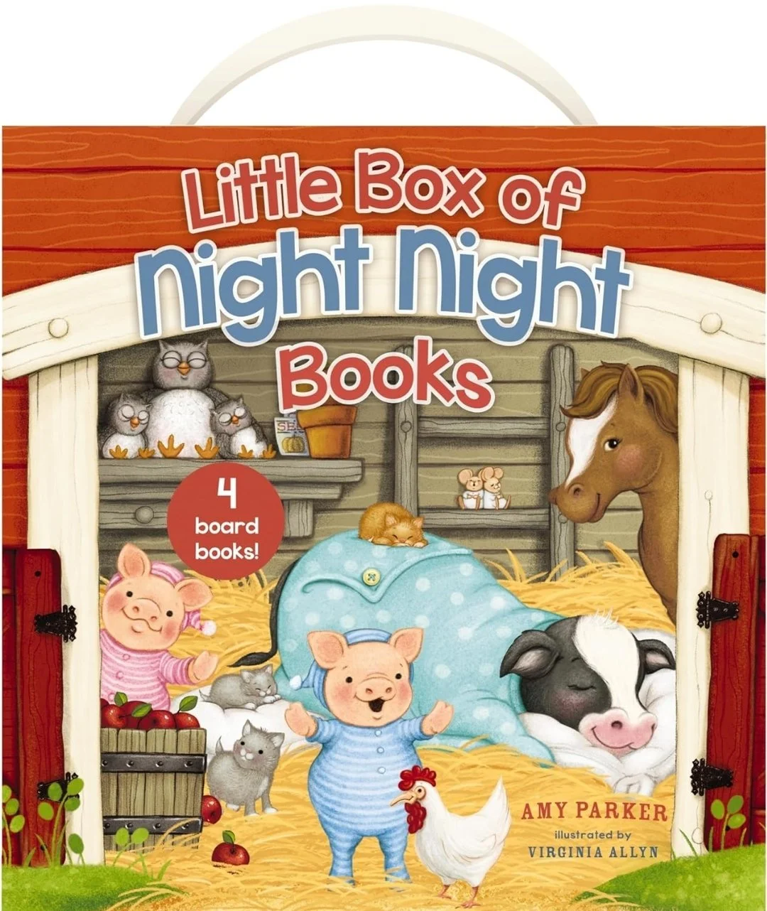 Cover of a children's book titled "Little Box of Night Night Books" by Amy Parker, illustrated by Virginia Allyn. The cover features cartoon animals including a pig, horse, pig, cat, mouse, rabbit, hen, and owl, set inside a barn with hay.