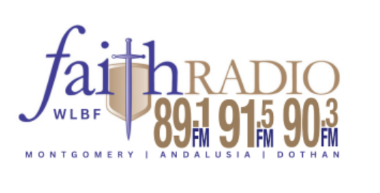 Faith Radio logo with a cross, frequency numbers 89.1, 91.5, 90.3 FM, and the station's locations in Montgomery, Andalusia, and Dothan.