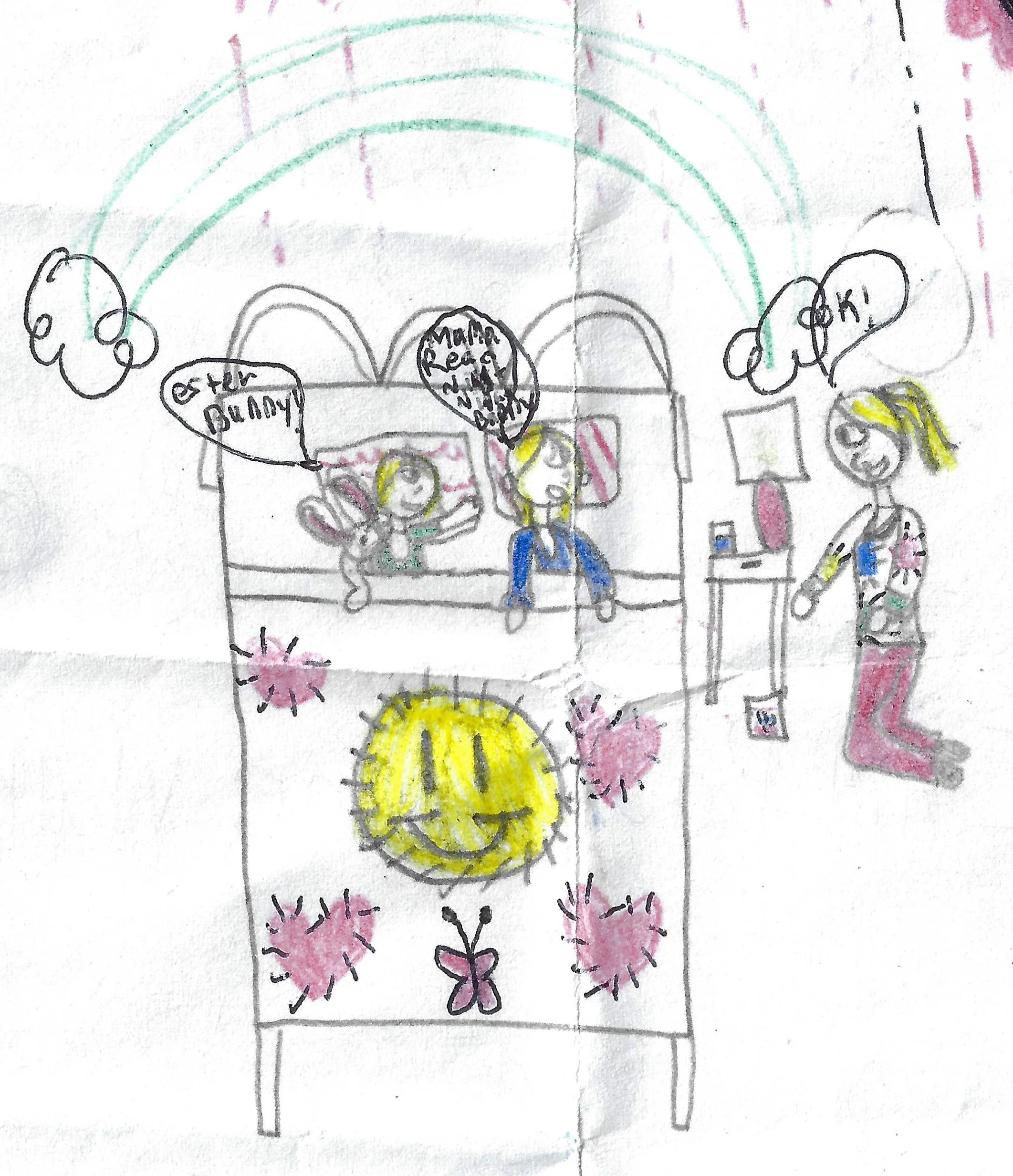 A colorful children's drawing depicting three children sitting in front of a house with a rainbow in the sky. Speech bubbles above the children read 'I love grandma,' 'Mama, read me a story,' and 'OK!'. The scene includes pink trees, yellow bushes, and decorative elements.