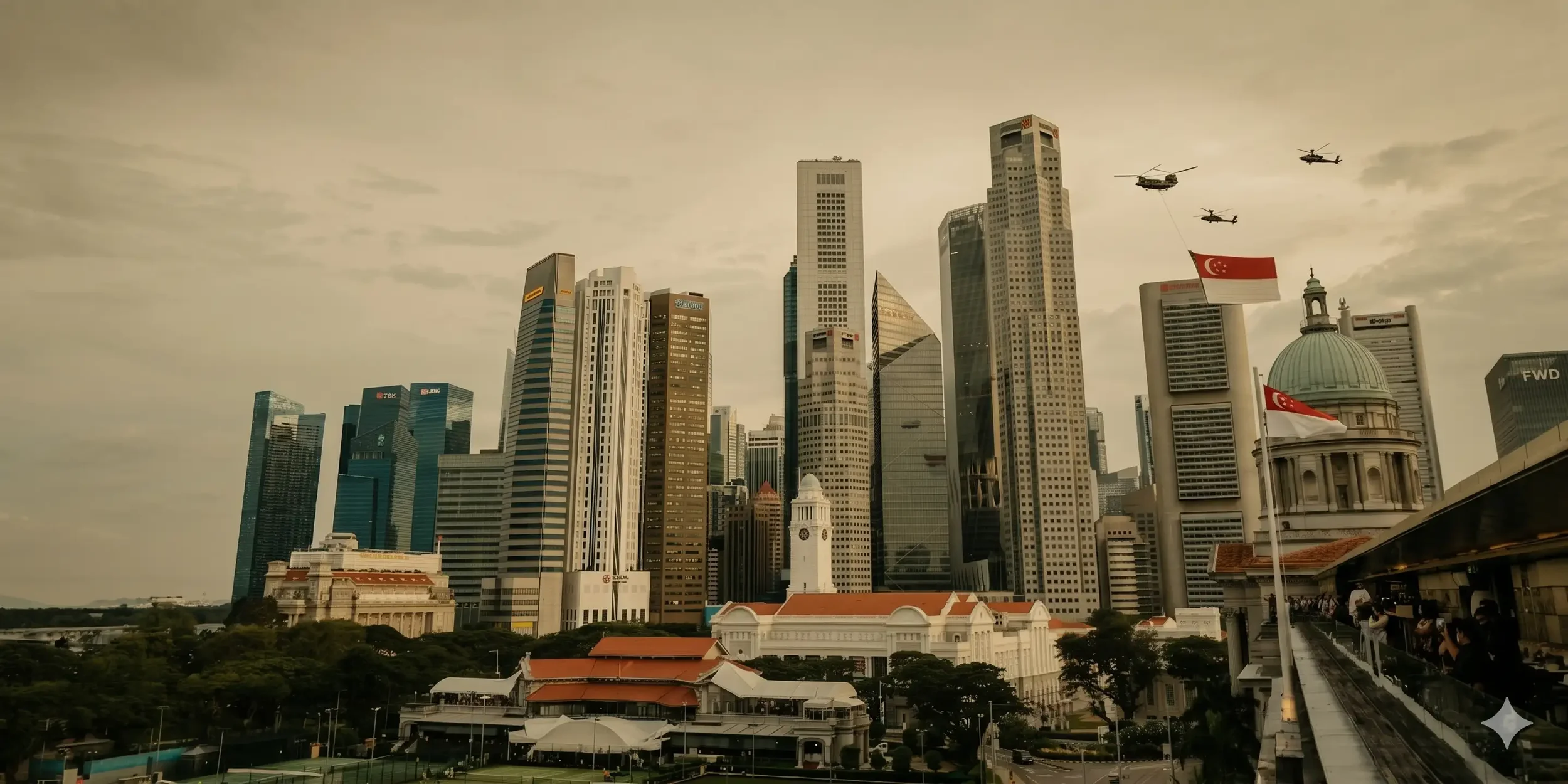 Singapore skyline with numerous skyscrapers, flags, and helicopters flying in the sky during dusk.