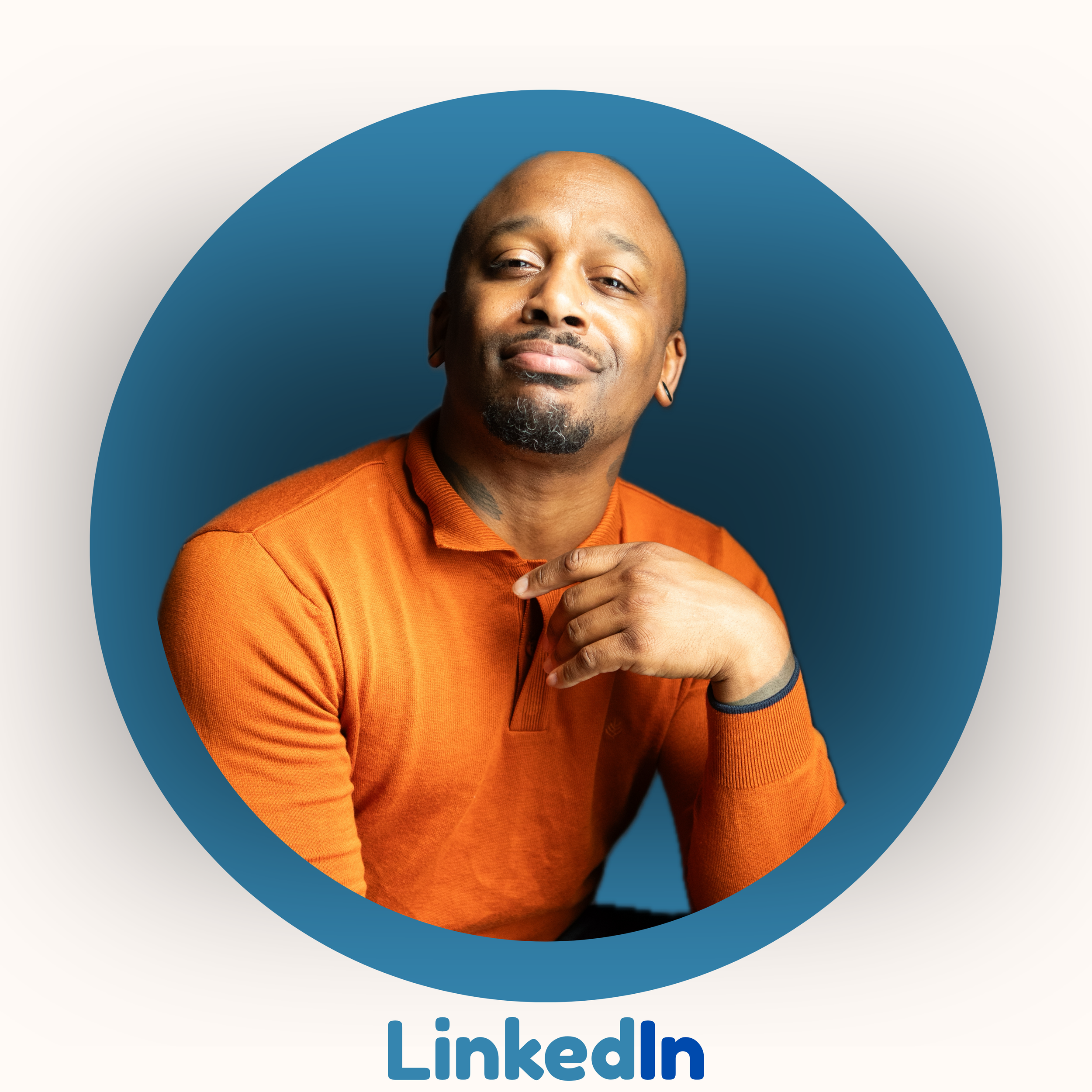 Close-up of a smiling person with a pierced nose and earring, wearing an orange shirt, in front of a LinkedIn logo with a blue circle and text.
