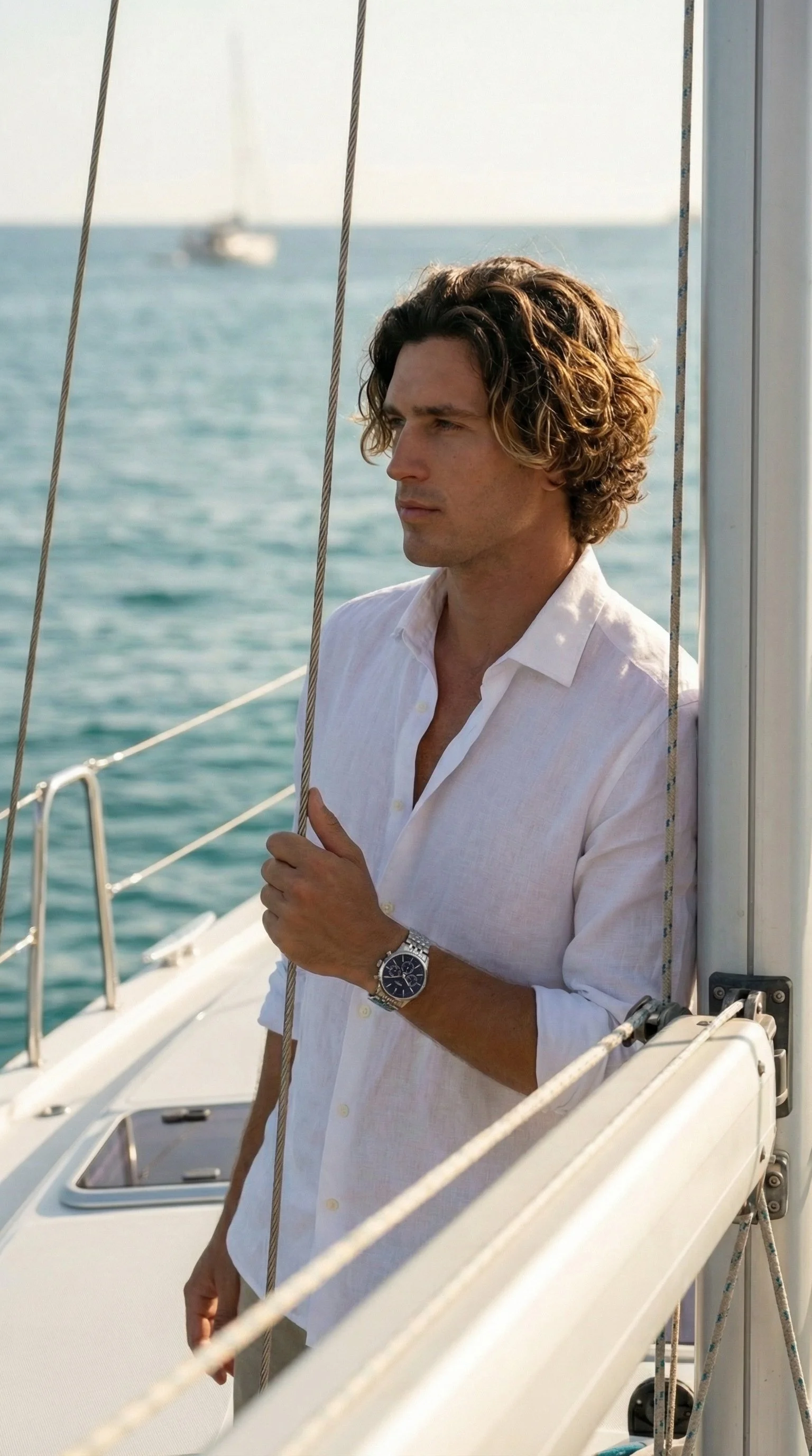 A man with curly hair wearing a white shirt and a watch, standing on a boat with a view of the ocean and a blurred boat in the background.