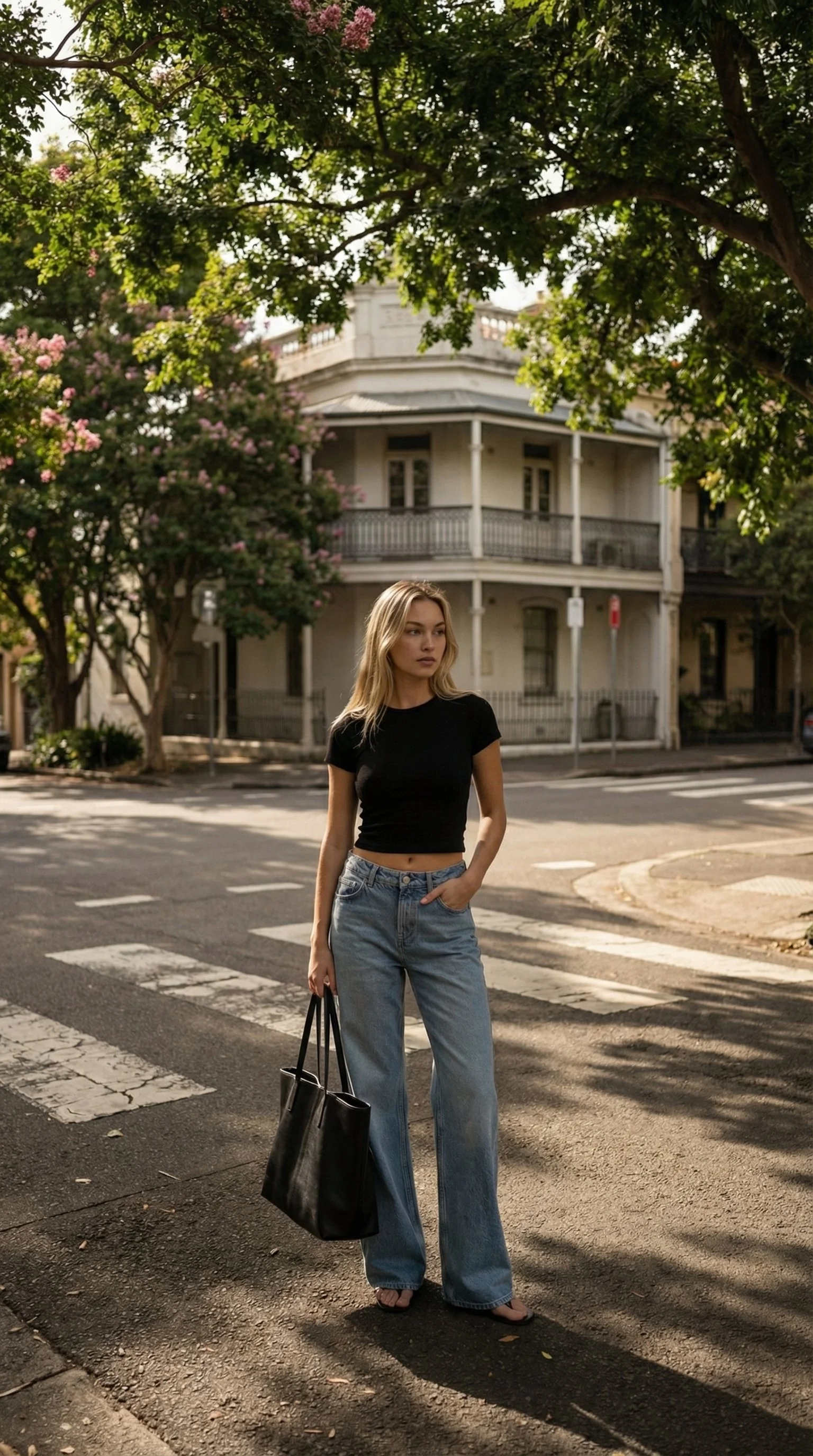 A young woman with blonde hair wearing a black crop top and high-waisted jeans standing on a crosswalk with a black tote bag, surrounded by trees and residential buildings in an urban setting.