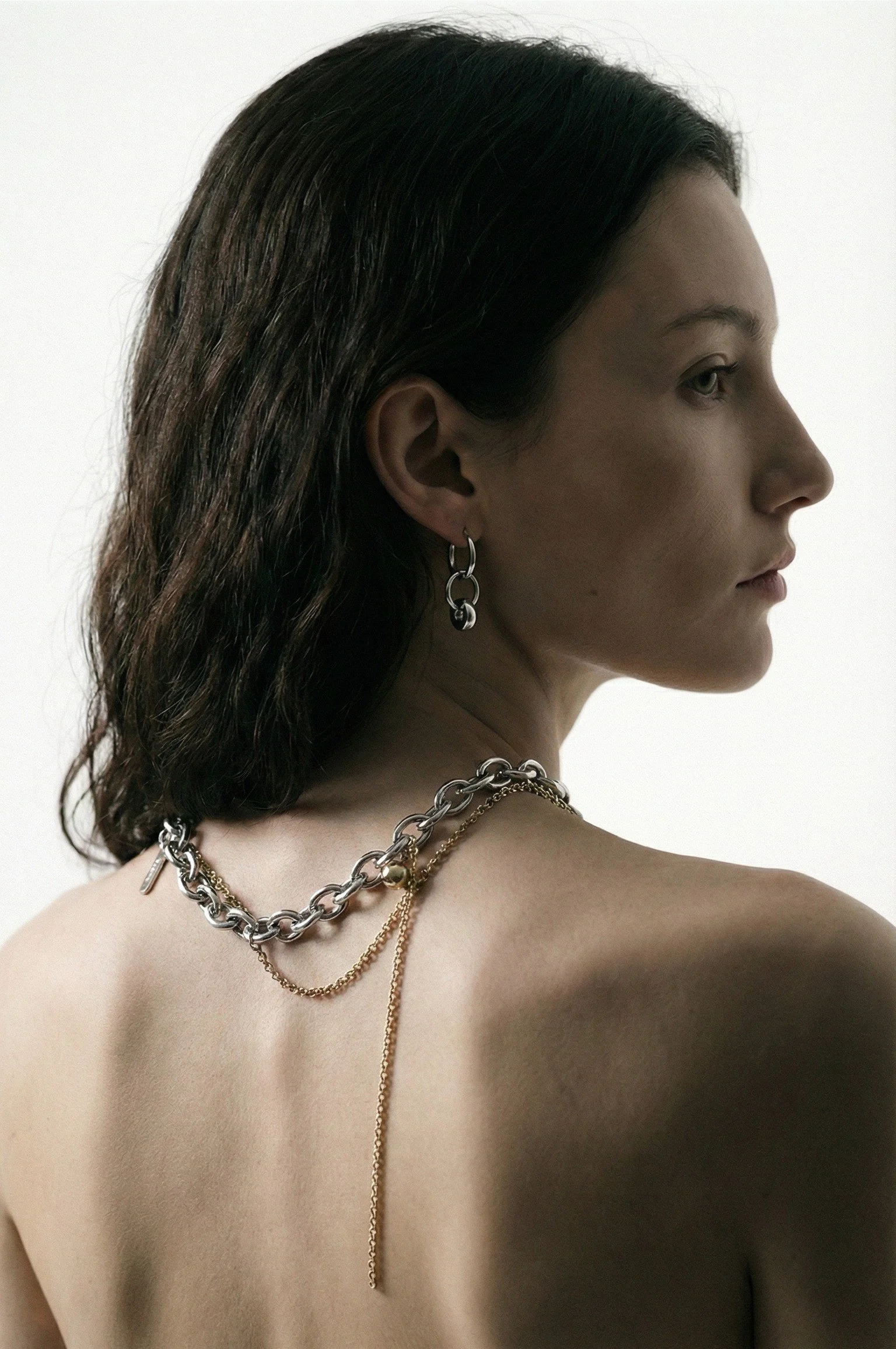 Close-up side profile of a woman with dark wet hair, wearing earrings and layered necklaces, with no clothing visible.
