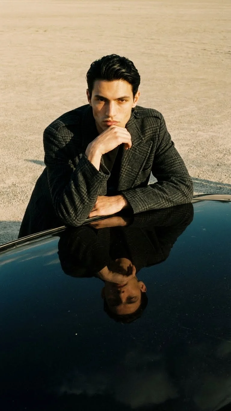 A young man with dark hair, wearing a gray plaid blazer, is sitting outdoors on a reflective black surface, possibly a car hood, with a barren desert-like landscape in the background. His reflection is visible on the surface.