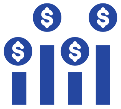 Graphic of four vertical bars with dollar signs above each, representing financial growth or statistics.
