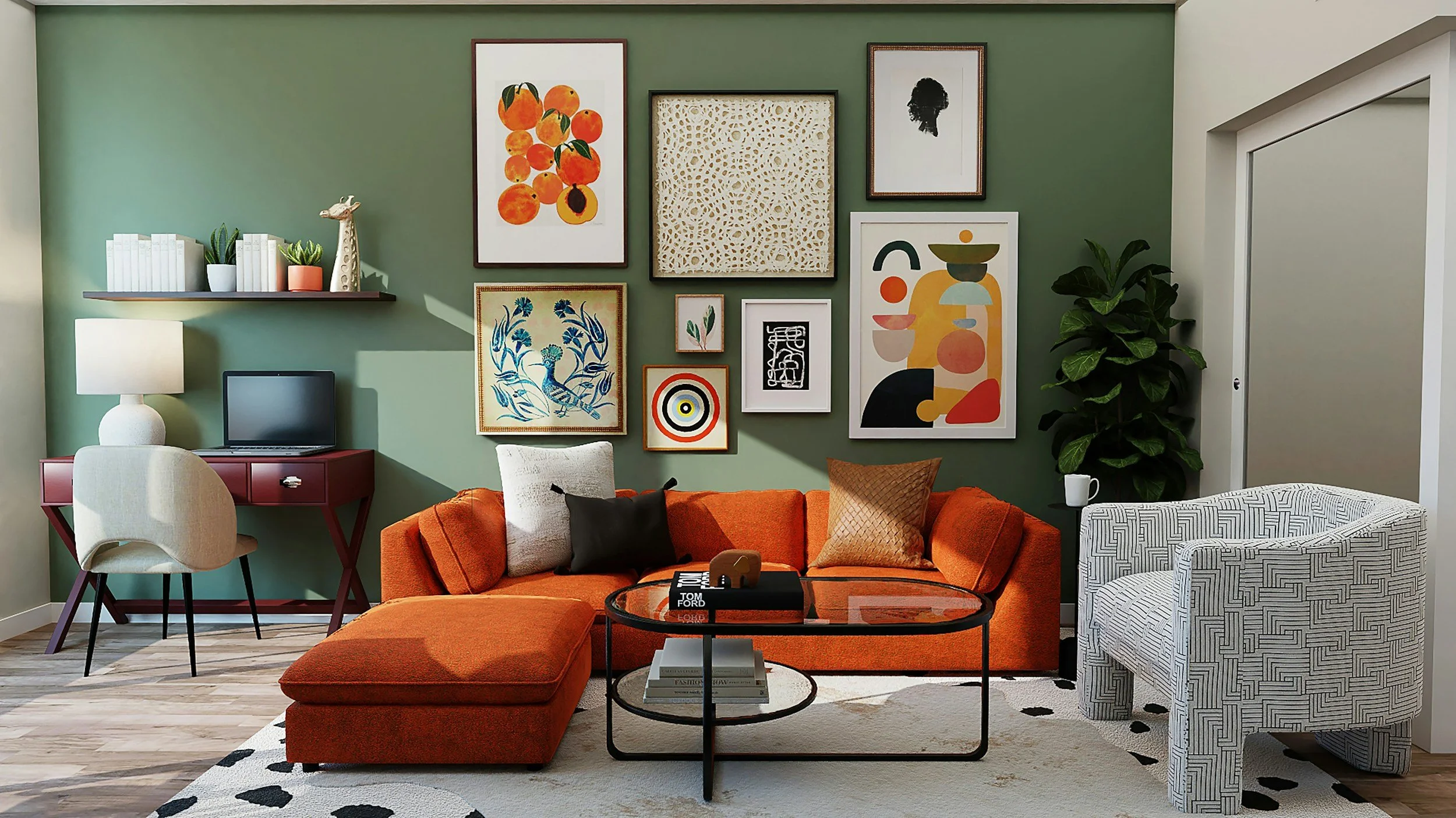 Living room with green accent wall decorated with various framed art, orange sofa with throw pillows, white patterned armchair, small black coffee table with books, green plants, and a side table with a lamp and a small TV.