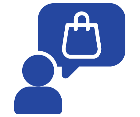 Icon of a person with a speech bubble containing a shopping bag, representing online shopping or shopping chat support.