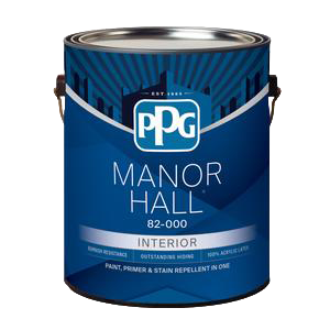 A can of PPG Manor Hall interior paint with blue and white labeling, featuring a handle.