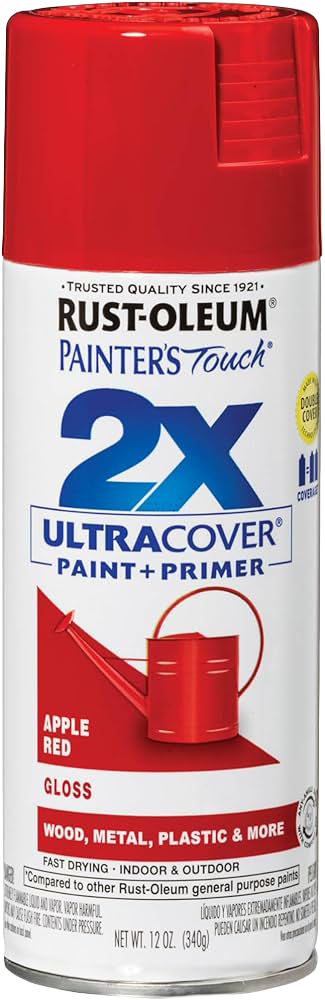 A can of Rust-Oleum Painter's Touch 2X UltraCover spray paint in apple red, intended for use on wood, metal, plastic, and more, with a gloss finish.