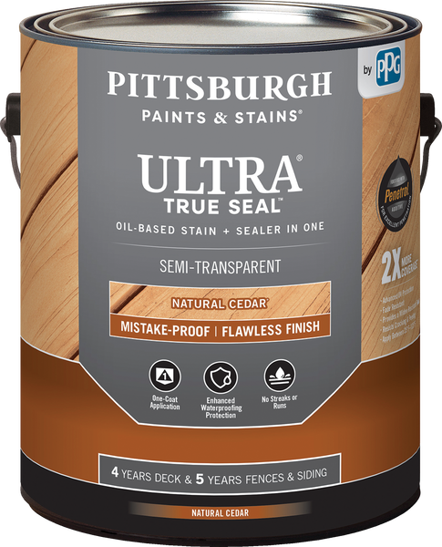 A can of Pittsburgh Ultra True Seal semi-transparent natural cedar wood stain by PPG.