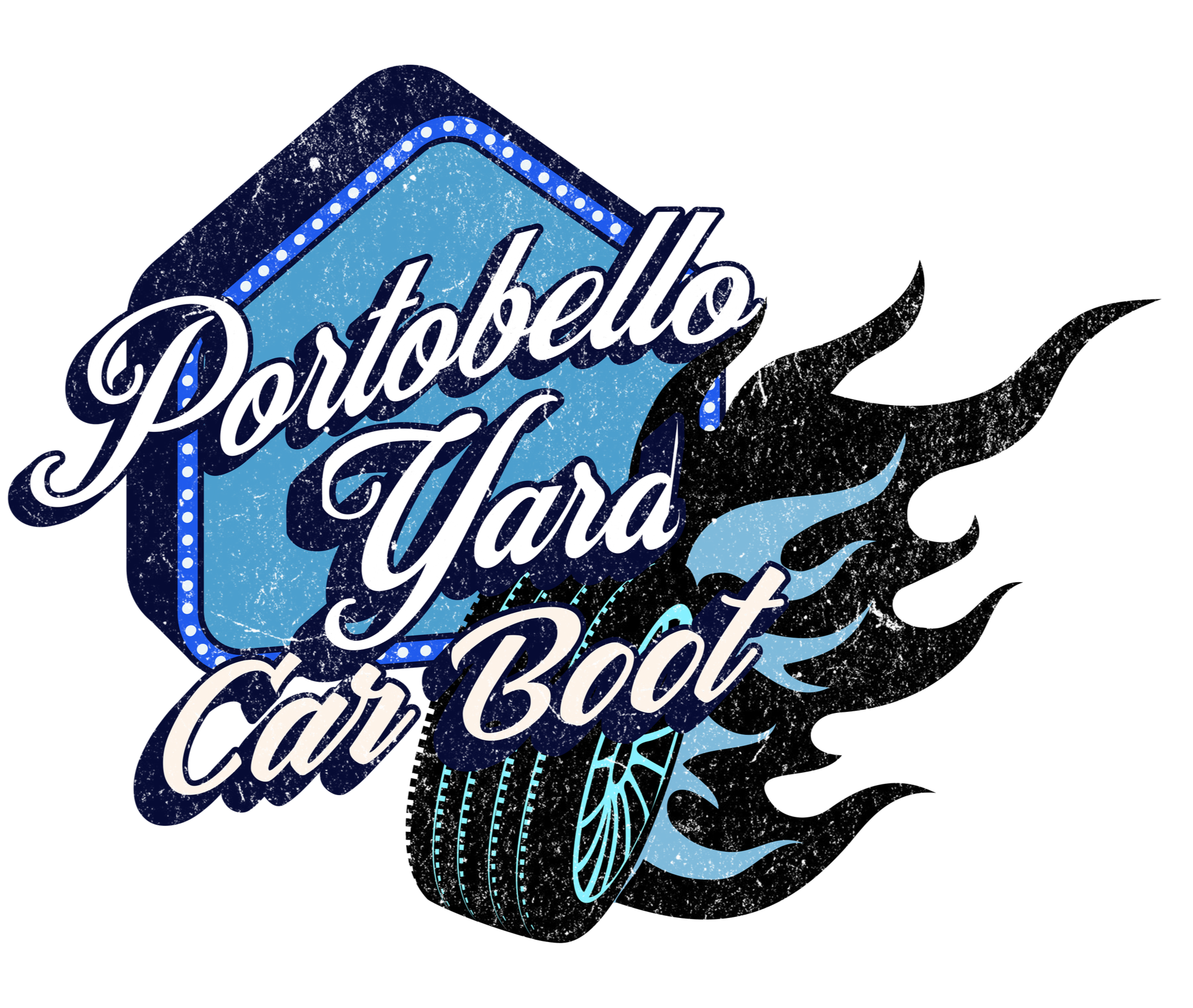 Neon sign with stylized whale and cursive text reading "Portobello Yard Carboot".