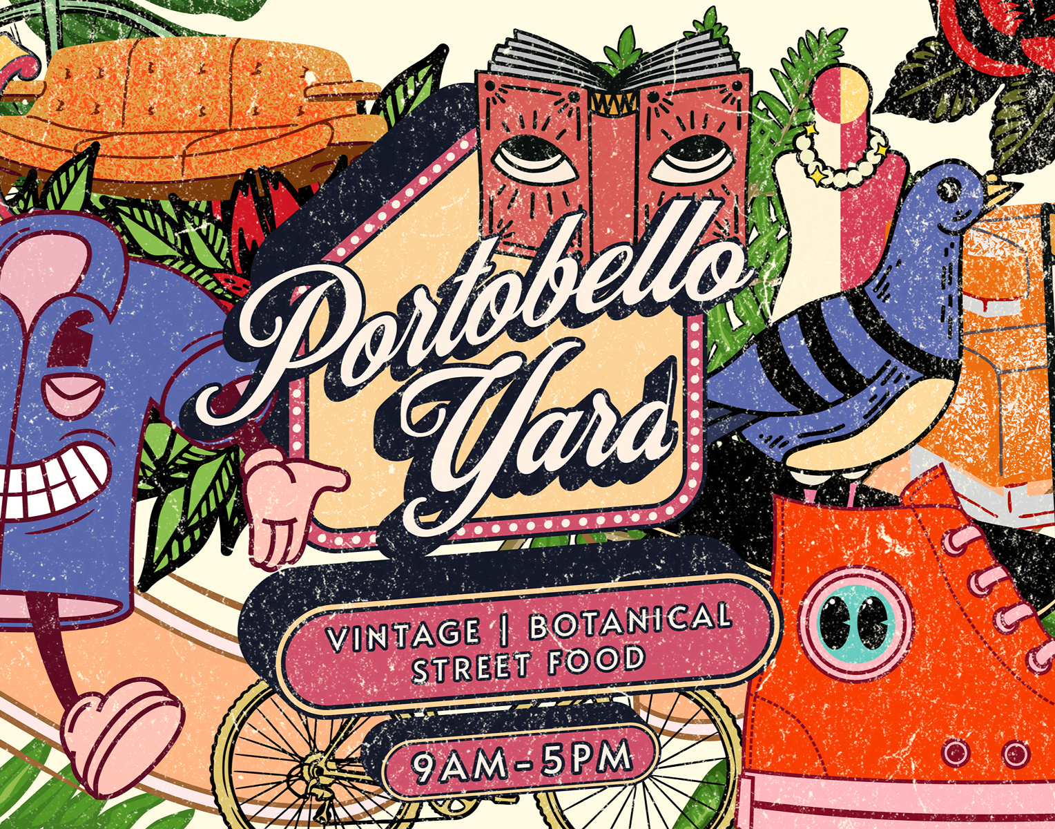Colorful vintage-style poster for Portobello Yard market, featuring illustrations of a blue elephant, a red fish, a turtle, a bicycle, and tropical plants, with event details from 9AM to 5PM.