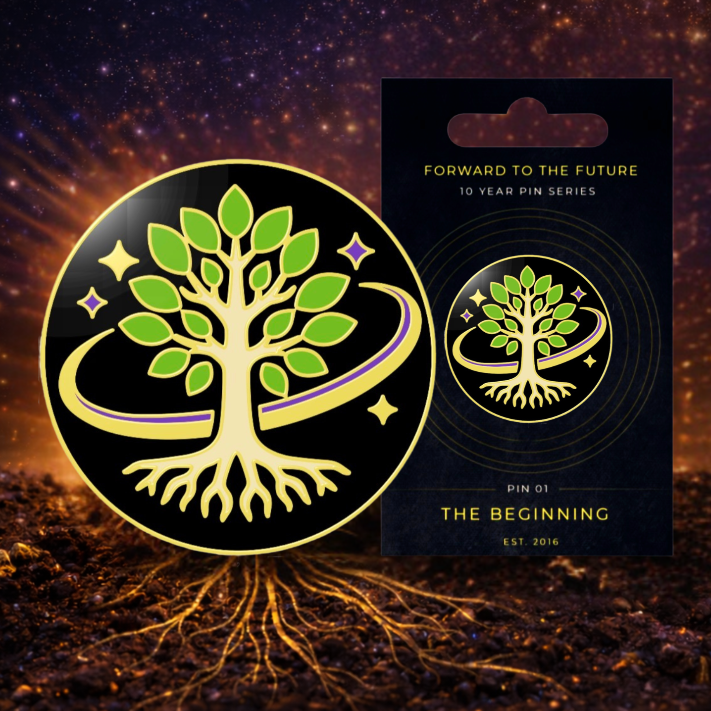 A gold and green tree logo with roots, surrounded by stars and planets against a dark background, with a package of 10-year pin series titled 'Forward to the Future' featuring the same logo, labeled 'The Beginning' and established in 2016.