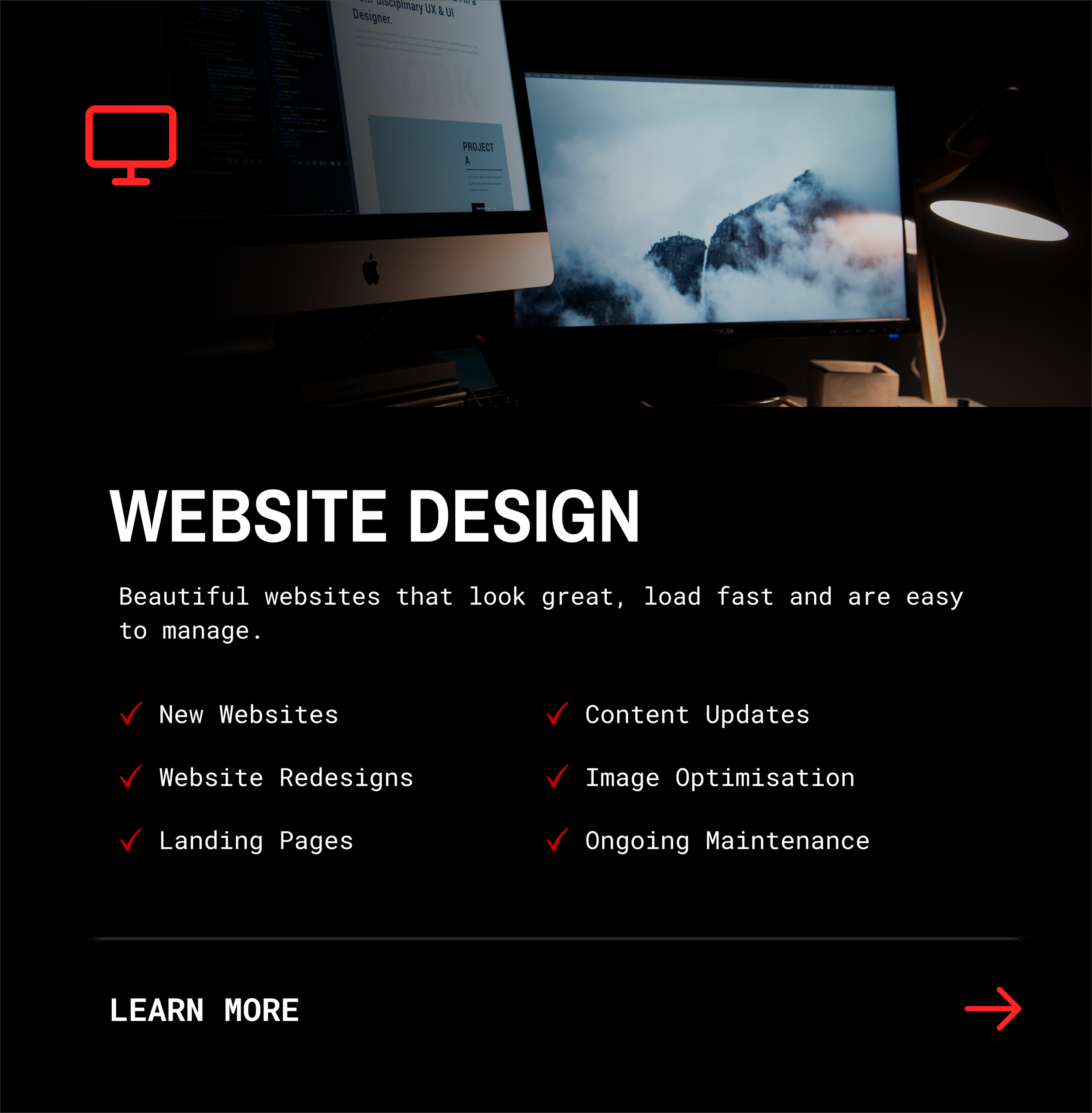 Screenshot of a website offering website design services, featuring images of computer screens and a list of services such as new websites, website redesigns, content updates, image optimisation, landing pages, ongoing maintenance, and a call to action to learn more.