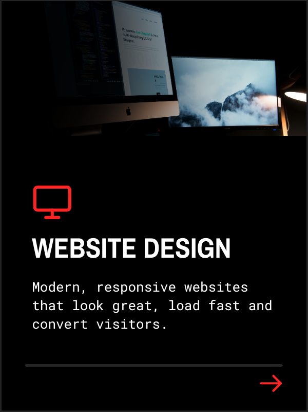 Dark digital screen with website design text and icons, displaying modern responsive website features for visitors.