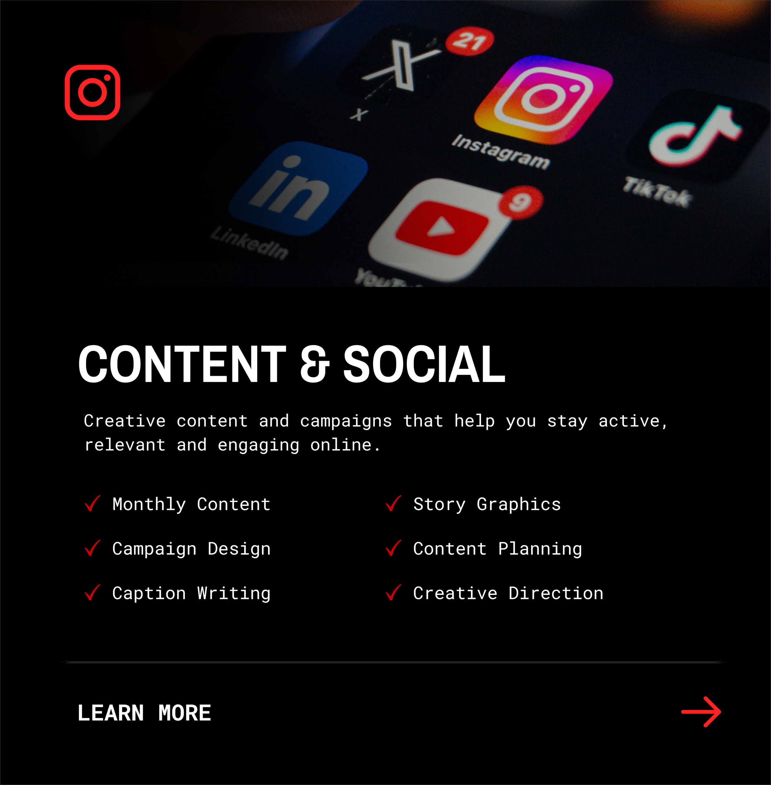 Close-up of a smartphone screen displaying social media app icons, including Instagram, TikTok, YouTube, and LinkedIn, with notifications visible.