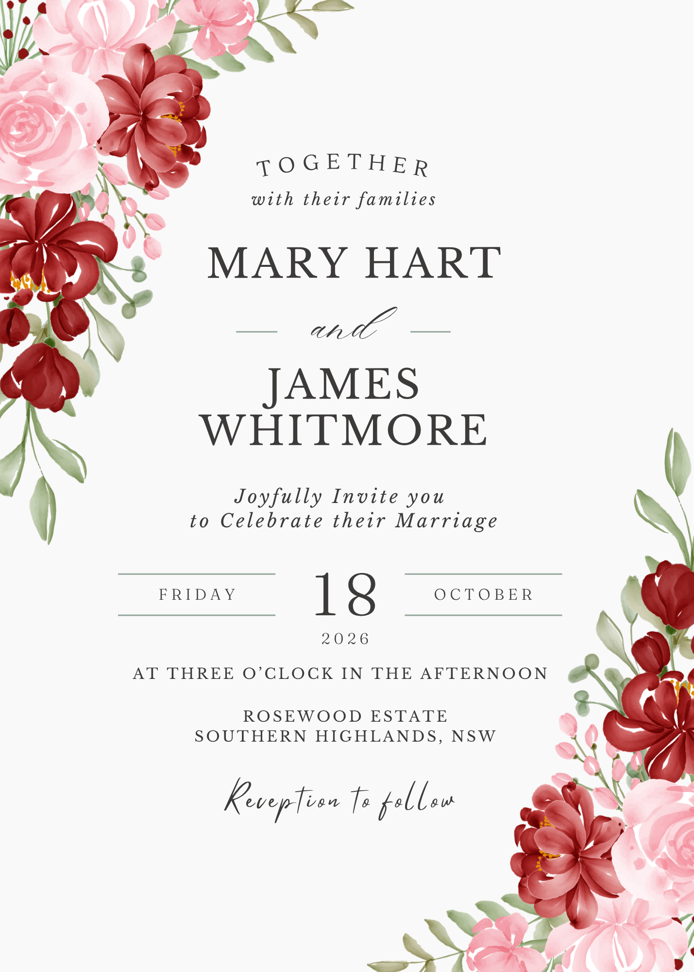Wedding invitation with pink and red flowers on the left and right edges, black and gray text details in the center about the marriage celebration of Mary Hart and James Whitmore, with date, location, and reception information.