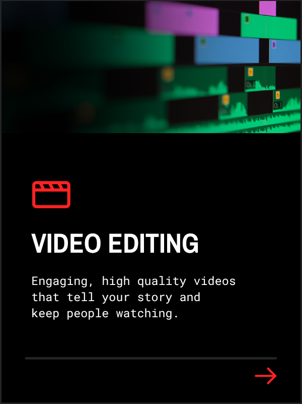 A digital graphic design promoting video editing services, featuring a video editing interface with colorful video tracks, a red film clapperboard icon, and text emphasizing high-quality, engaging videos to tell stories and keep viewers watching.