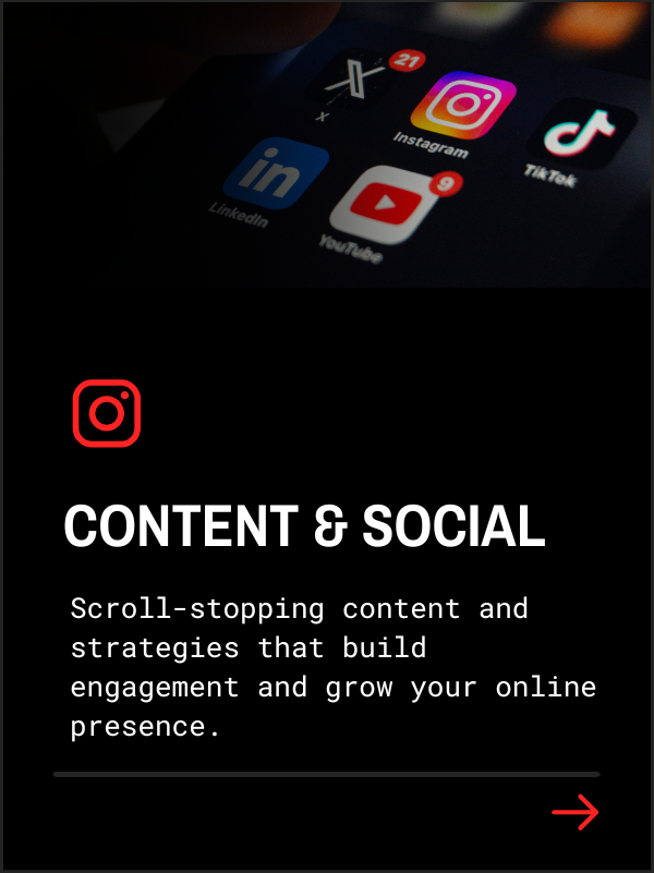 Smartphone screen displaying social media app icons including Instagram, TikTok, LinkedIn, and YouTube, with a section about content and social media strategy and a red arrow icon.