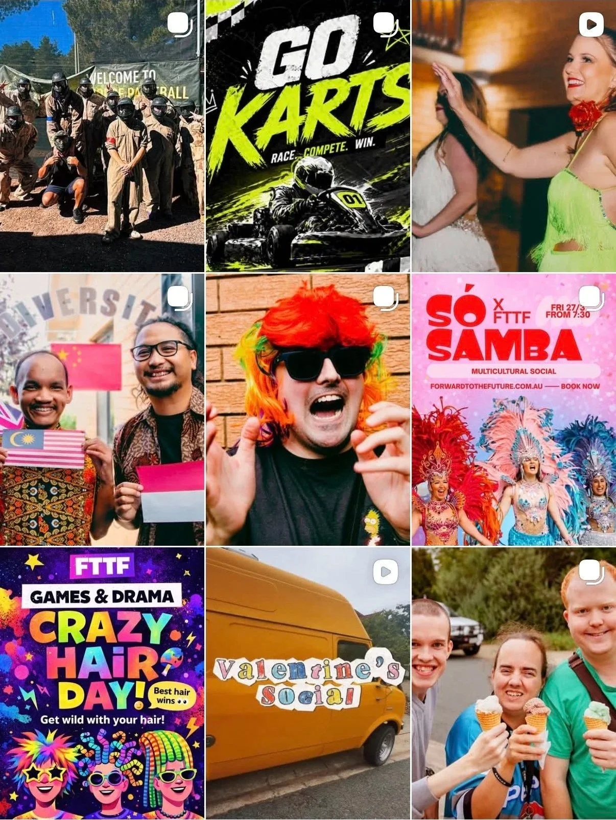 A collage of nine images featuring various events and activities, including a group of people in costumes, go-kart racing poster, women dancing at a party, people holding flags, a person with colorful hair wearing sunglasses, a festival poster, a decorated van, and people enjoying ice cream.