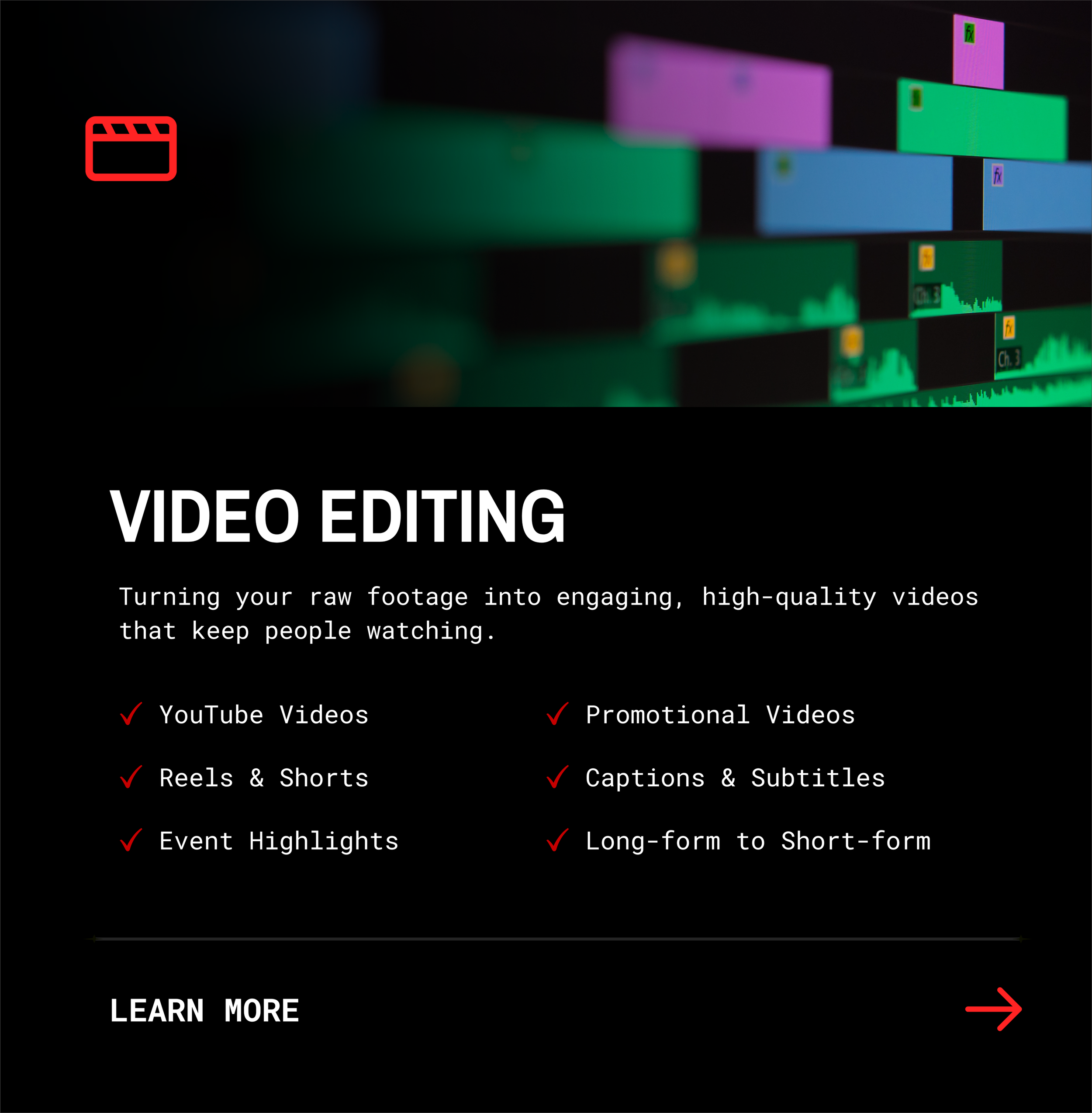 Digital video editing interface with colorful timeline tracks and a playhead, partially blurred background, and an overlay text promoting turning raw footage into engaging videos.