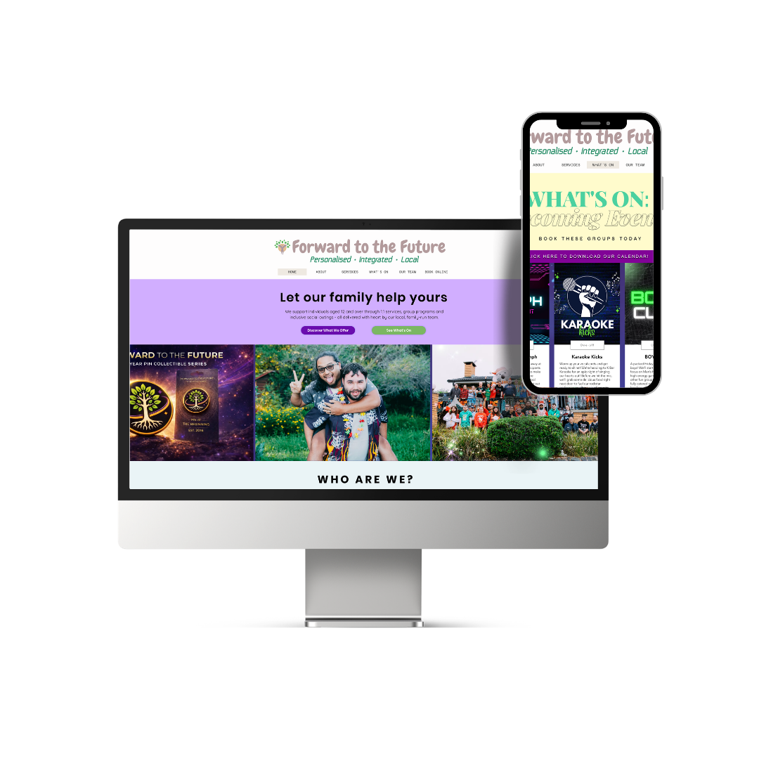 Both a computer monitor and a smartphone displaying a website for a community organization called "Forward to the Future" with a purple theme, featuring images of people and events, and text about services and upcoming activities.