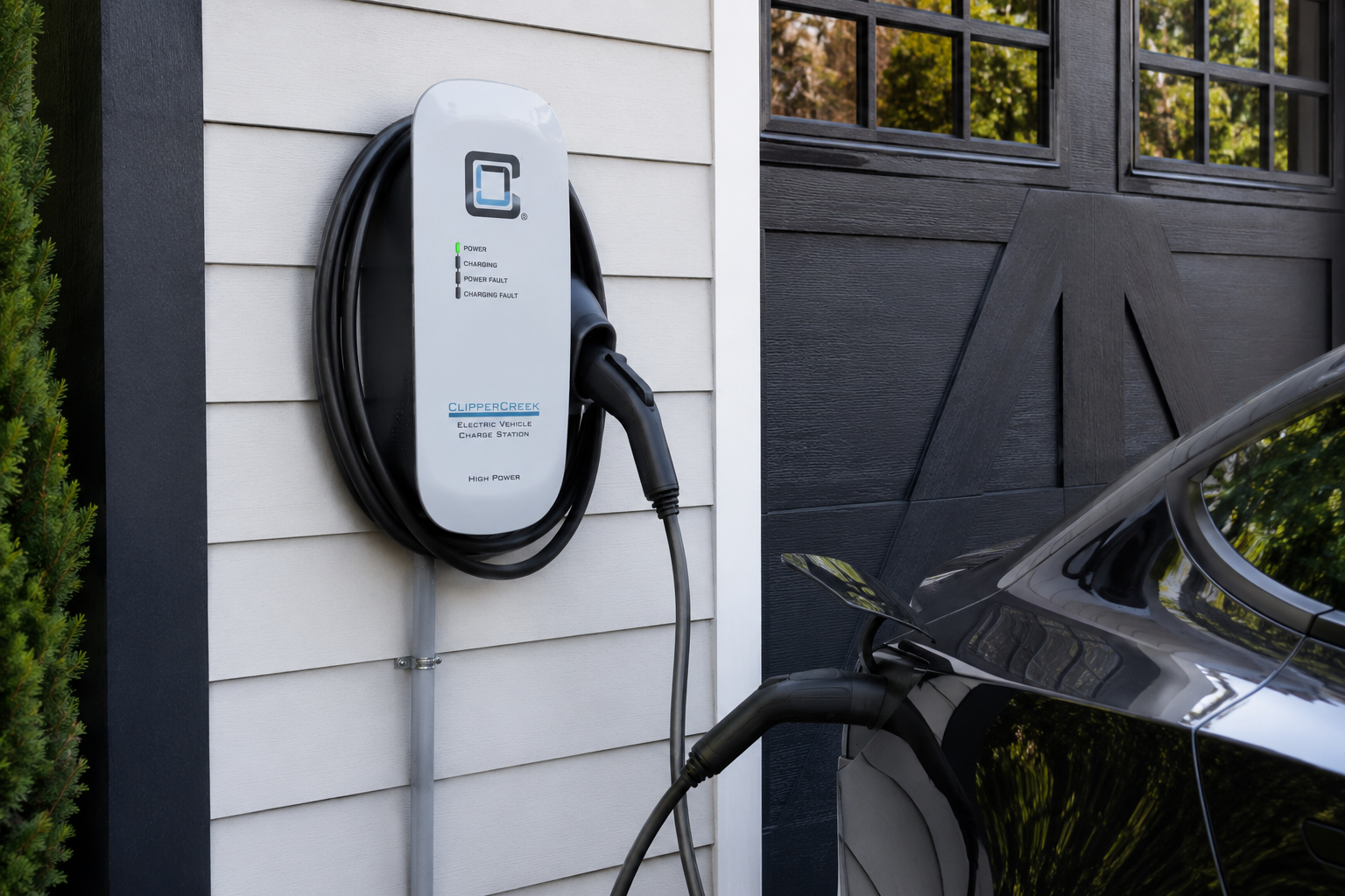 Electric vehicle charging station on side of house with a black car plugged in, next to a white wall and black garage door, surrounded by greenery.