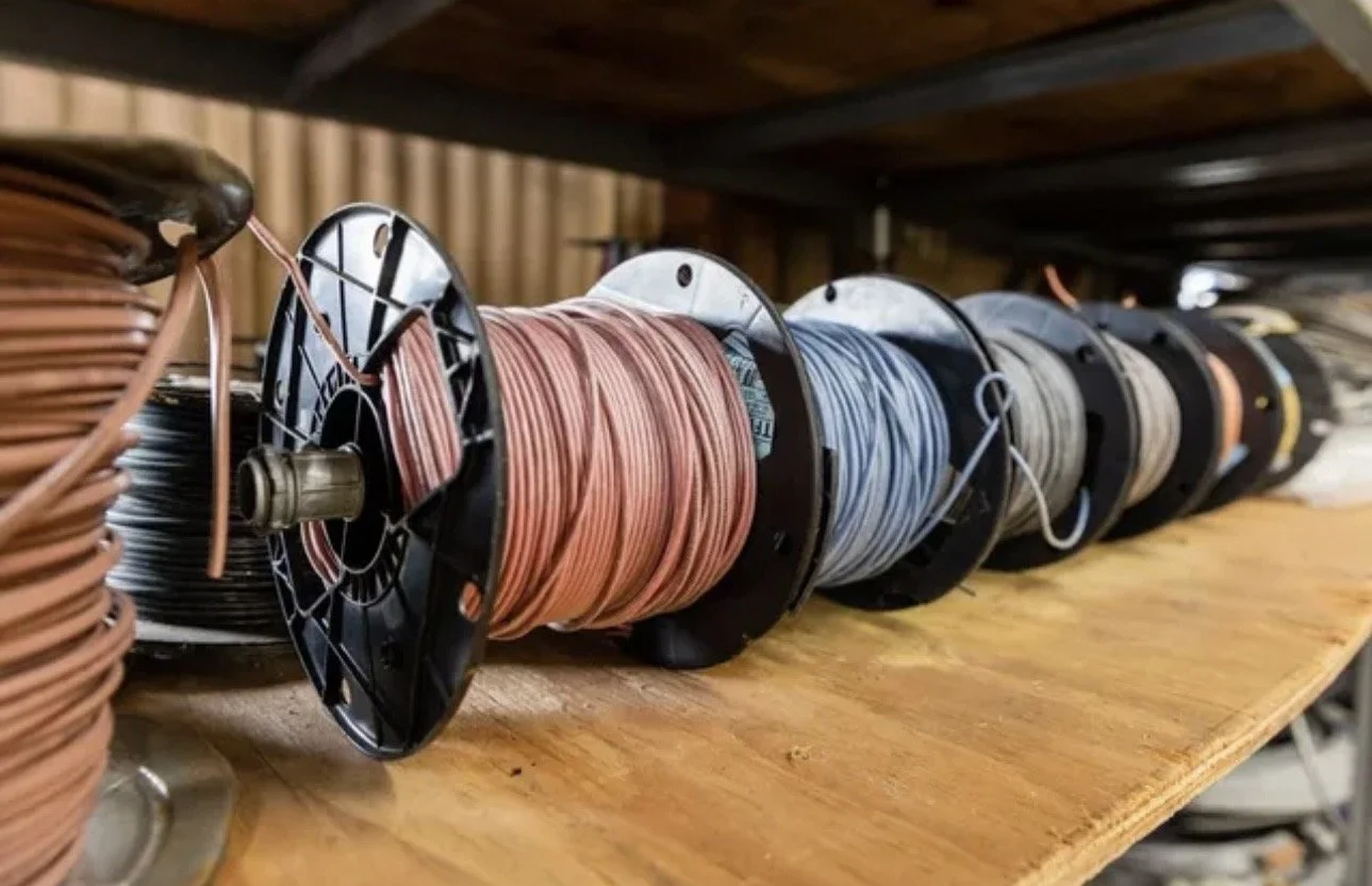 Multiple spools of colored wire on a wooden surface in a workshop.