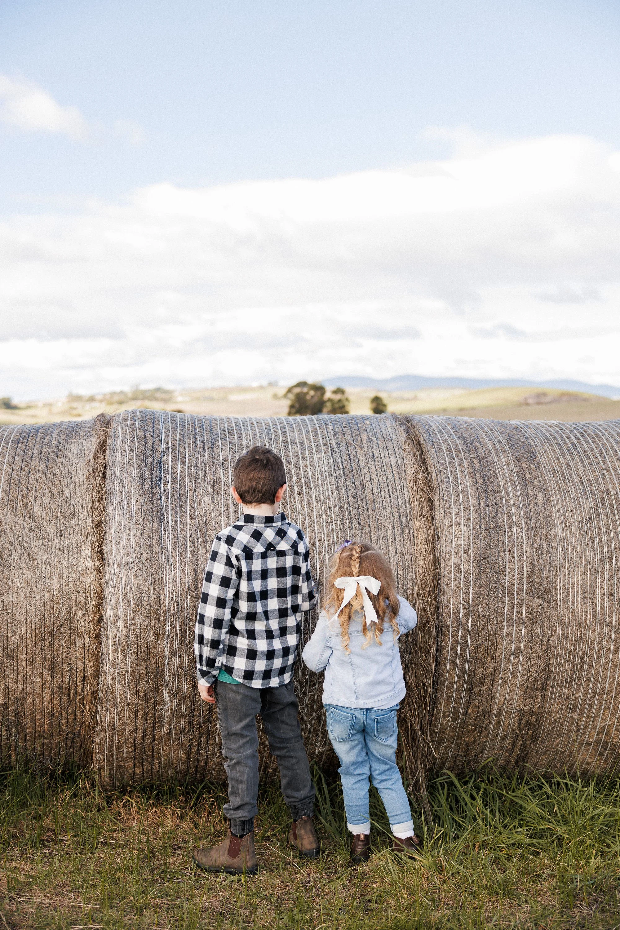 Two children, a boy and a girl, standing with their backs to the camera, looking over a hay bale in a rural landscape with grass, hills, and a cloudy sky.