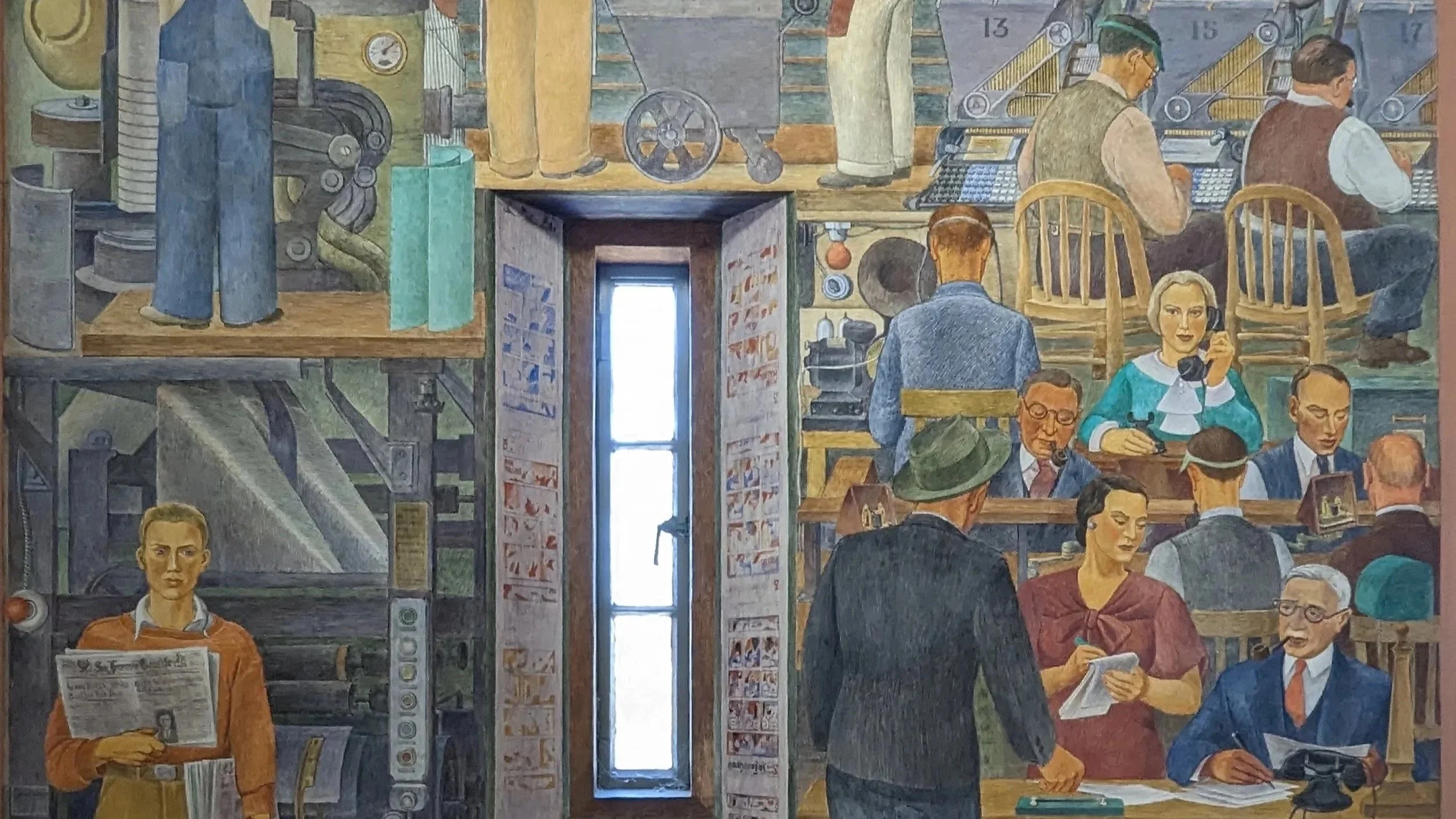 Mural depicting people involved in journalism, printing, and typesetting. One of 20 murals on the first floor of Coit Tower.  Painted by Suzanne Scheuer.
