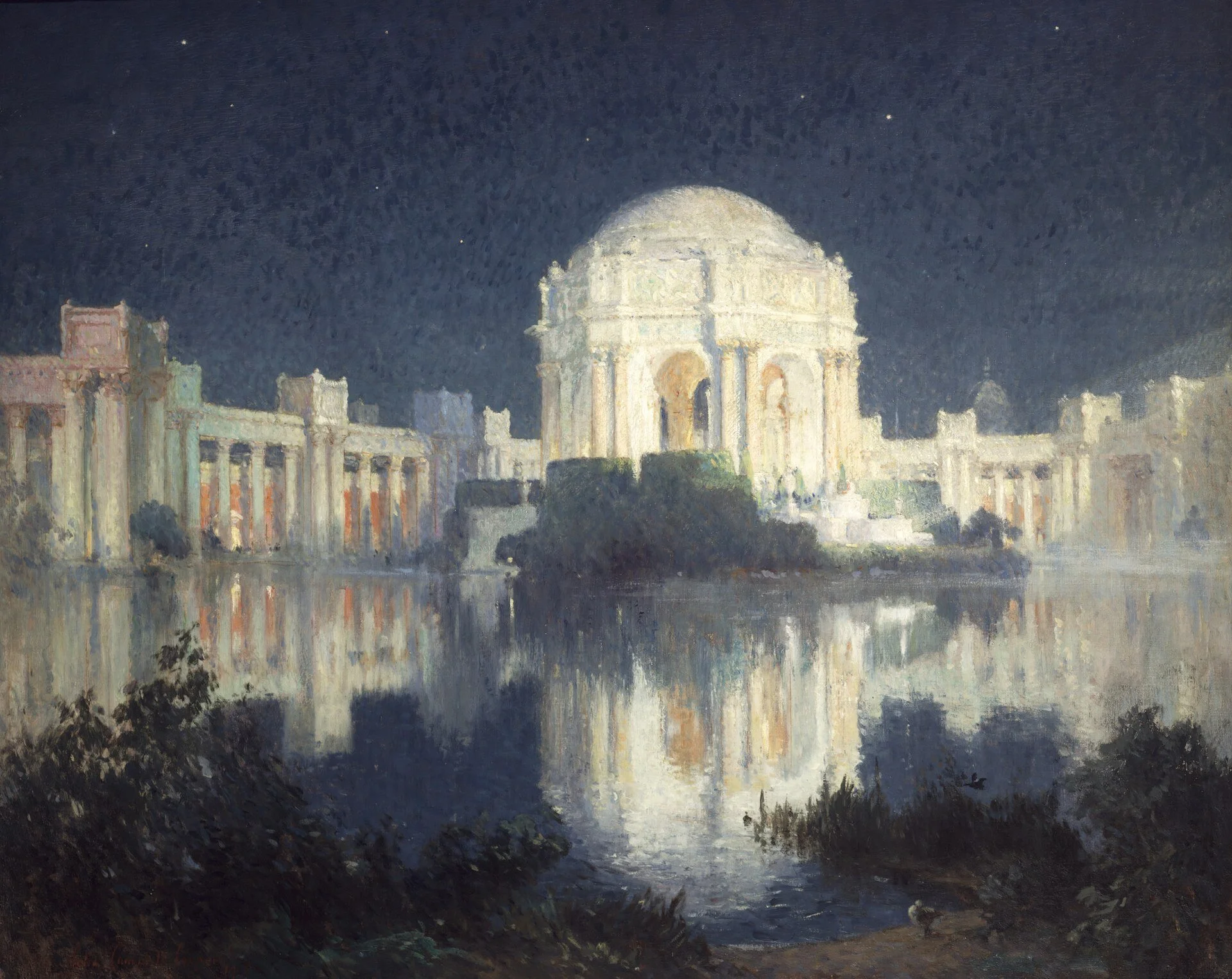 Nighttime scene of the Thomas Jefferson Memorial in Washington, D.C., illuminated with lights, reflected in the water, with a dark sky and stars above.