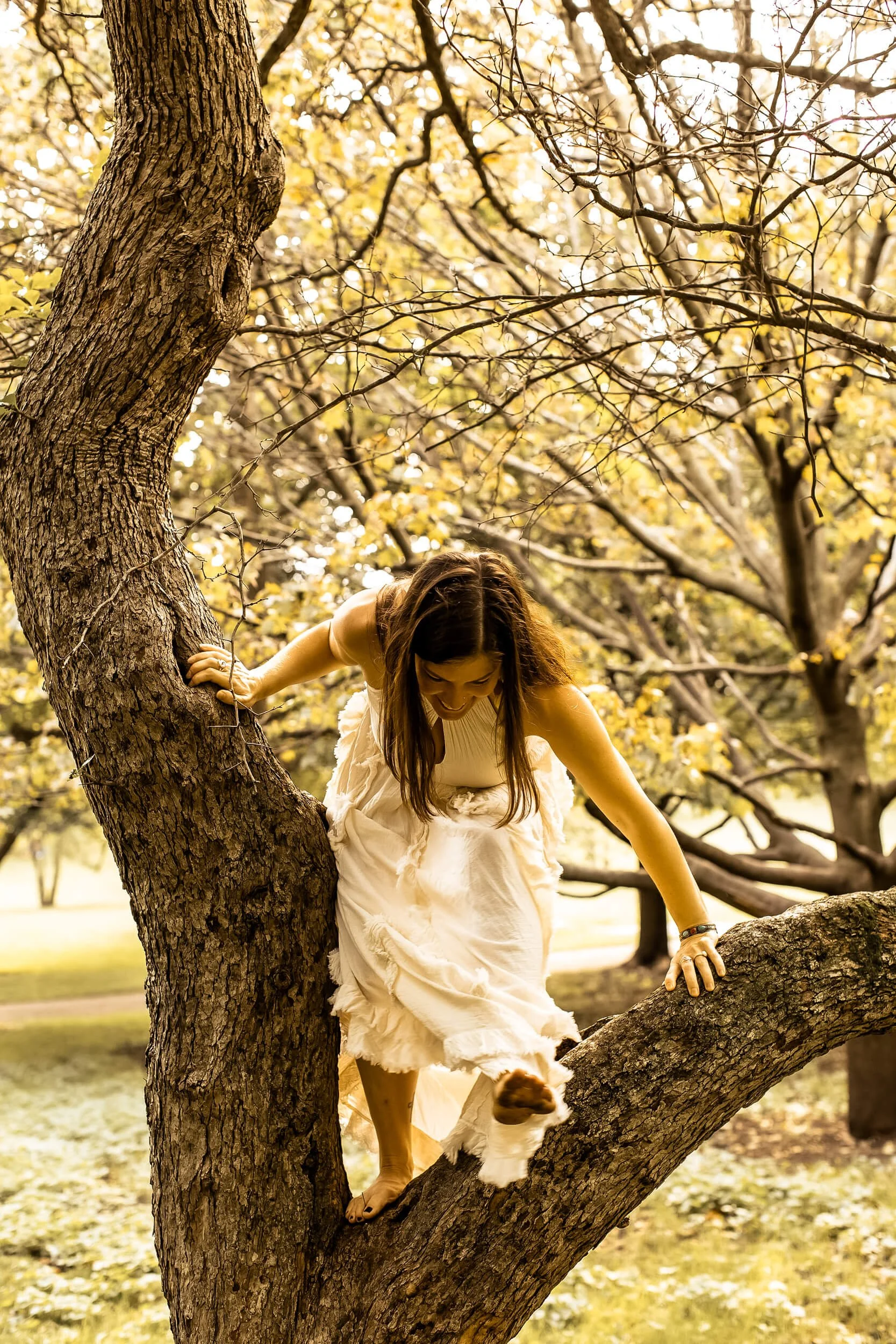 Kristi Amdahl climbing a tree while wearing an earth goddess dress (1 of 2)