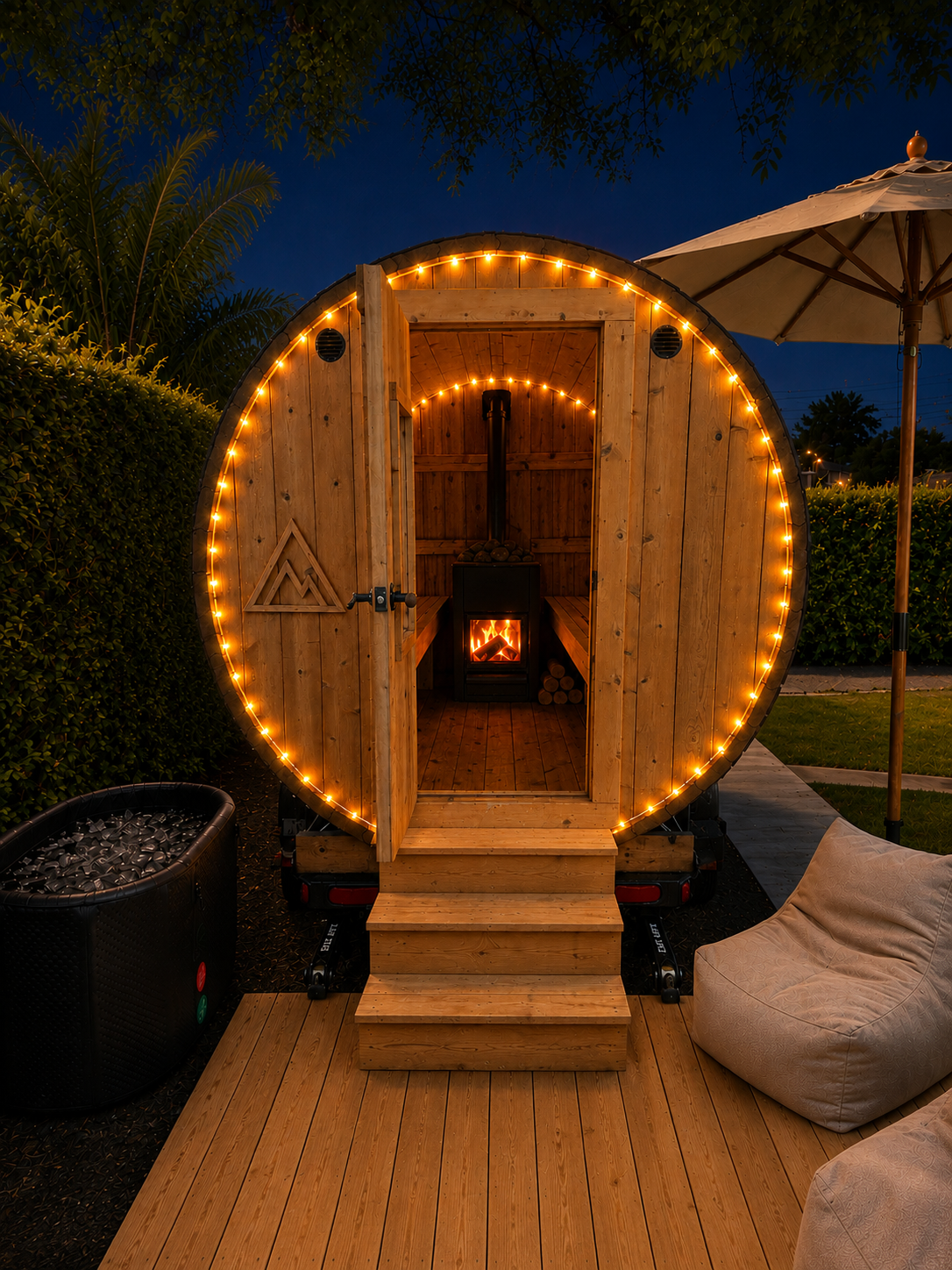 A cozy outdoor sauna made from wood, rounded shape, with warm string lights outlining the entrance, situated on a wooden deck with an outdoor fireplace inside, surrounded by greenery and an umbrella on the right.