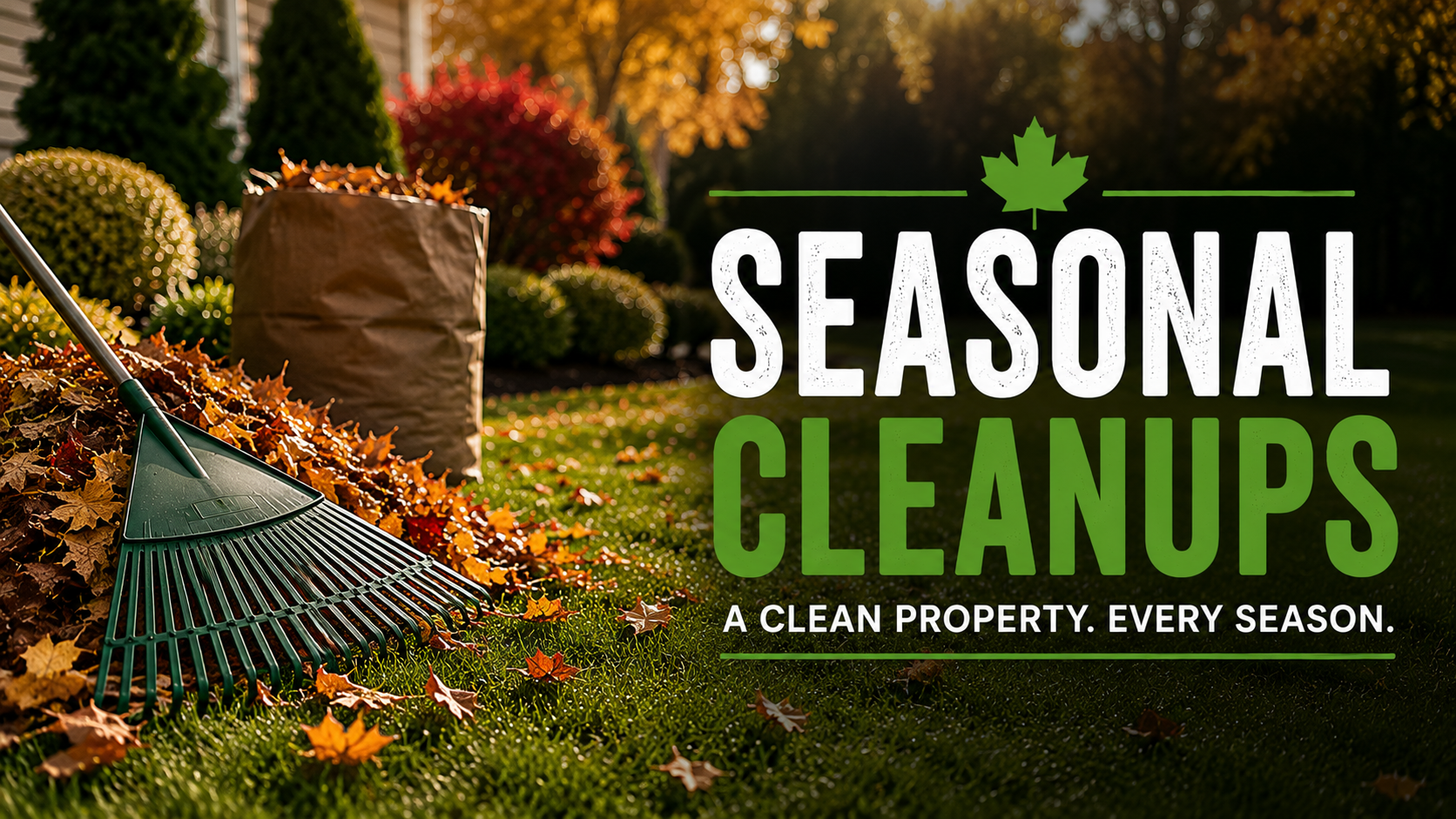 A yard with fallen autumn leaves, a rake on the ground, and a trash bag in the background. Overlaid text reads 'Seasonal Cleanups: A clean property. Every season.'