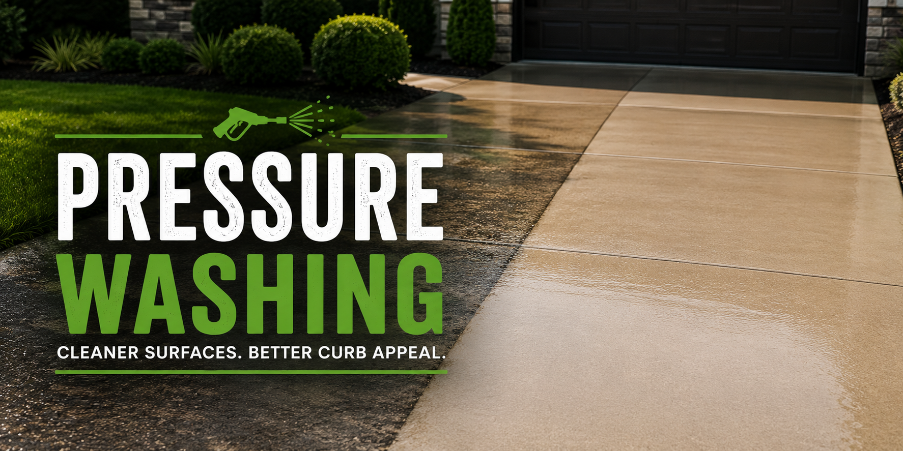 A wet concrete driveway after pressure washing with grass and plants on the side, and a dark garage door in the background. Overlayed text reads 'Pressure Washing' with a spray nozzle icon, and a tagline 'Cleaner surfaces. Better curb appeal.'