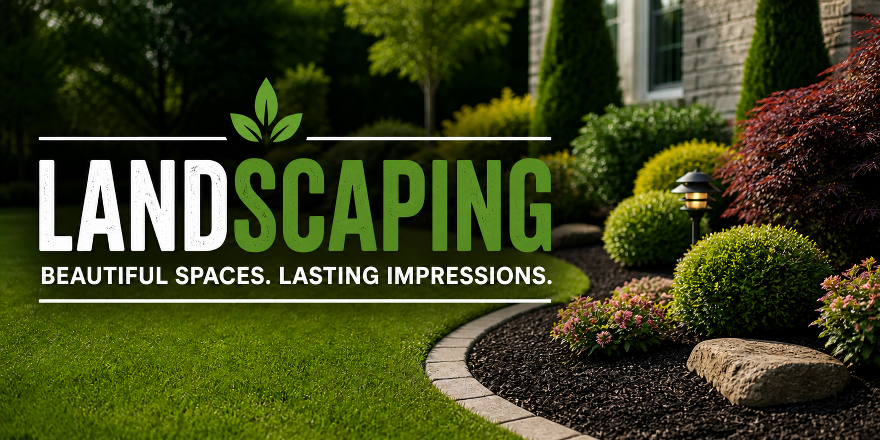 Landscape gardening with a manicured lawn, flower bed with colorful bushes, stone border, and outdoor lighting in front of a house with stone siding.