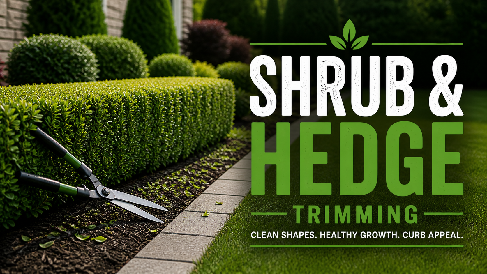 A well-manicured hedge being trimmed with hedge shears, with a garden and brick wall in the background, and overlaid text that reads 'Shrub & Hedge Trimming' with a slogan below.
