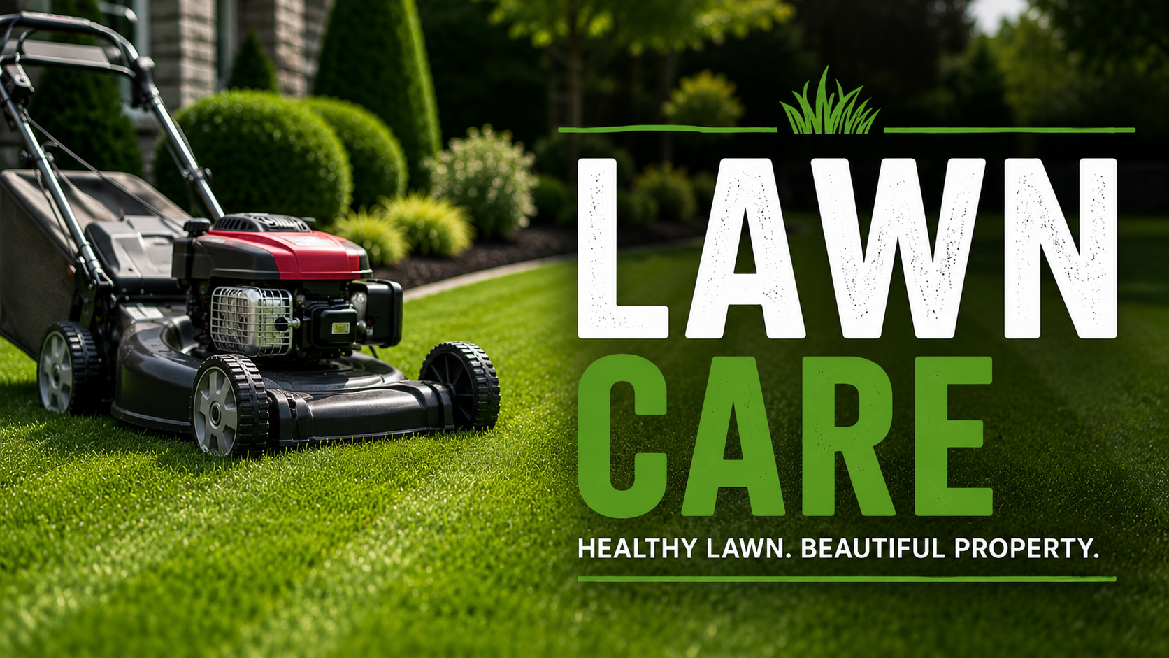 Lawn care advertisement with a riding lawn mower on a well-maintained green lawn, background of shrubs and trees, and text reading 'Lawn Care' and 'Healthy lawn. Beautiful property.'