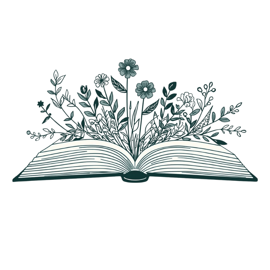 Open book with plants and flowers emerging from its pages, symbolizing growth and knowledge.