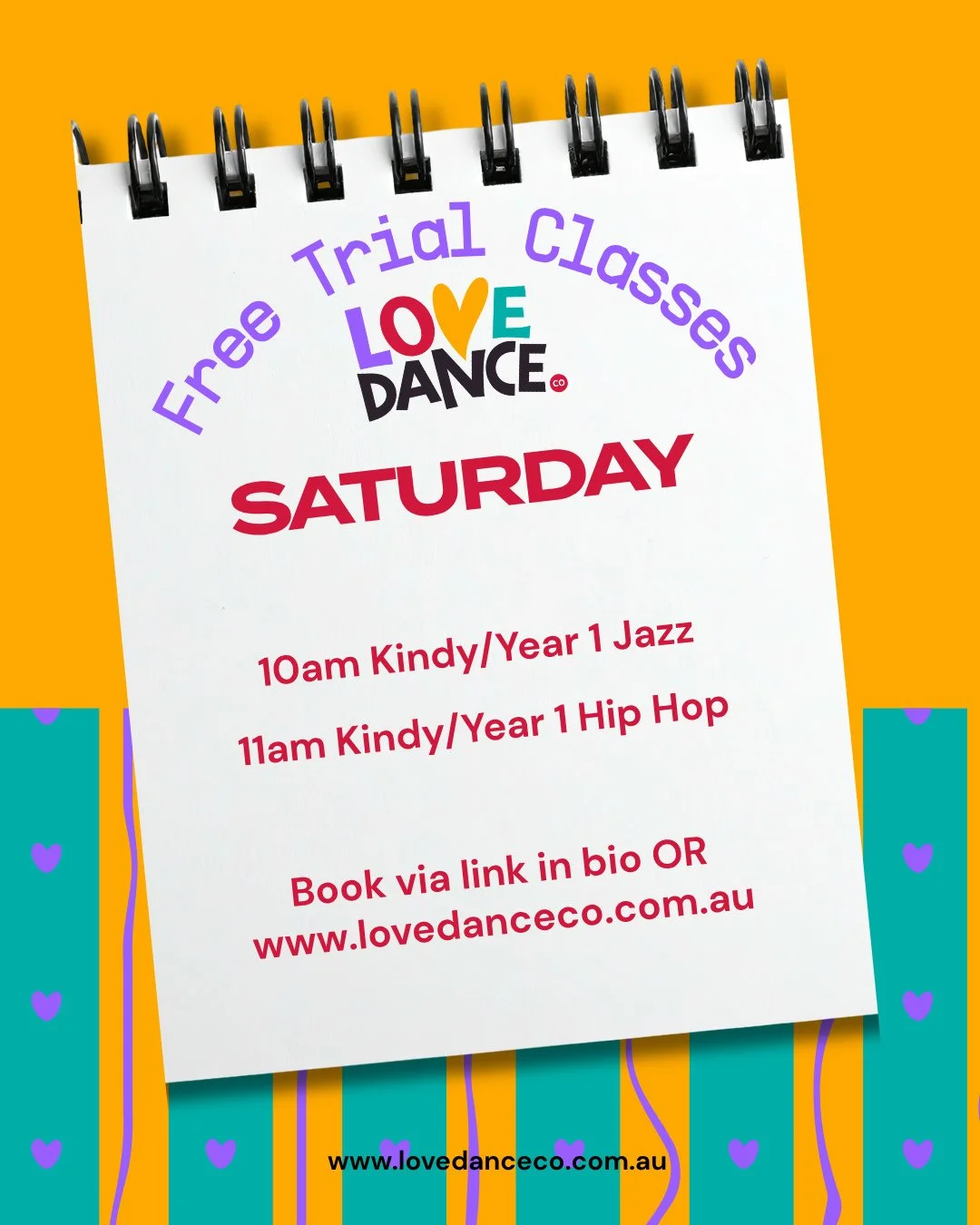 Have you booked a FREE trial class???📅⁠
⁠
Bookings open via our website for Saturday with the talented Miss Chloe!⁠
💜 10am Kindy/Year 1 Jazz⁠
💜 11am Kindy/Year 1 Hip Hop⁠
⁠
Book via link in bio OR www.lovedanceco.com.au